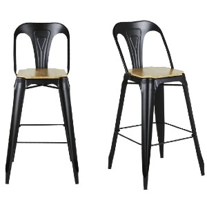 Pack de 2 sillas altas de metal negras y madera de mango altura 74 cm.